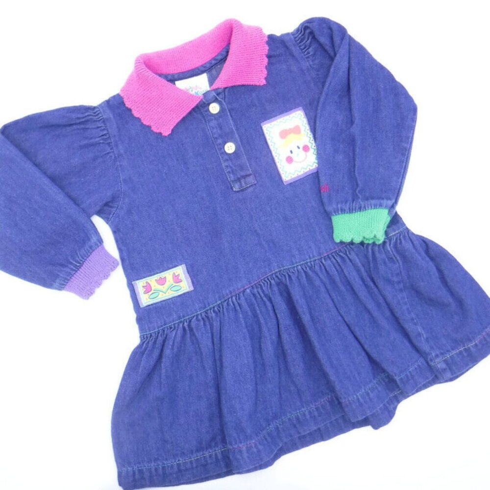 OshKosh B'Gosh Vintage Denim Dress 18 Mos. Genuine Article L/S Colorful Patches